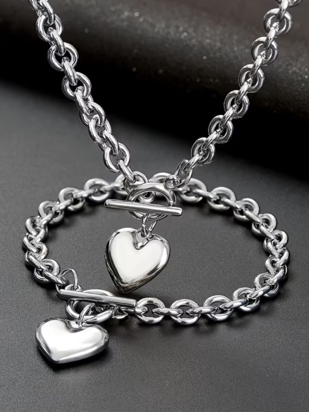 Heart Charm Toggle Necklace & Bracelet Set - Silver